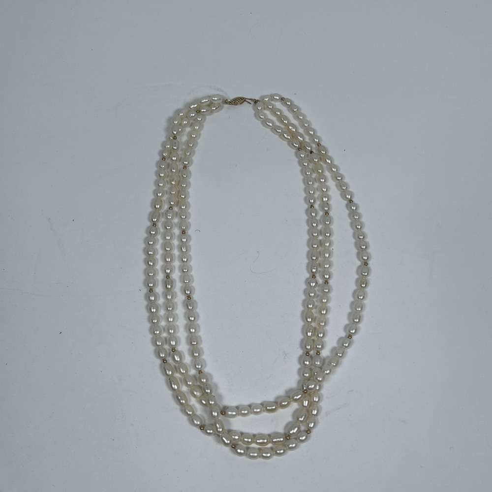 Vintage 14K Gold 3-Strand Freshwater Pearl Necklace Smooth Spacer Beads Signed